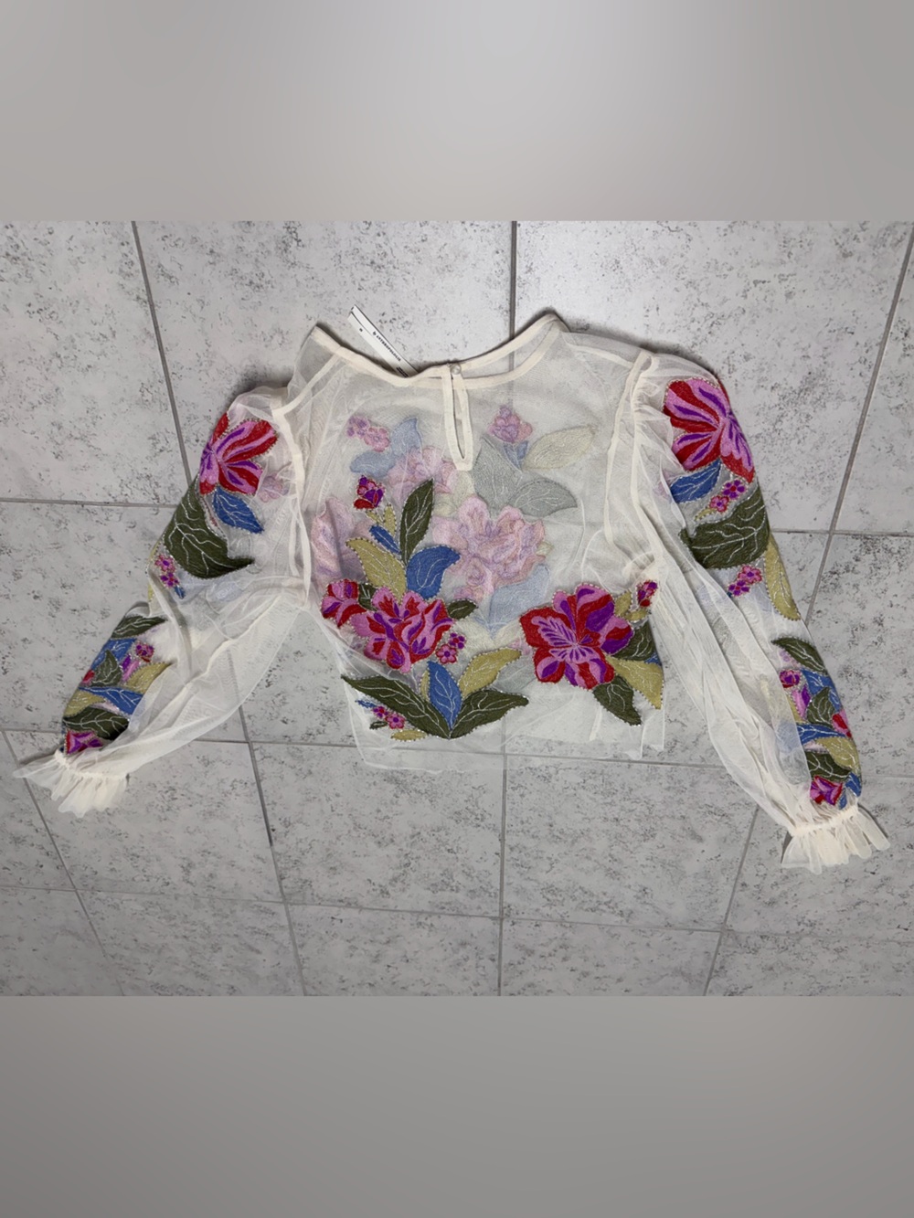 Anthropologie Cream Sheer Mesh Top with floral Embellishment bohemian - Picture 3 of 4